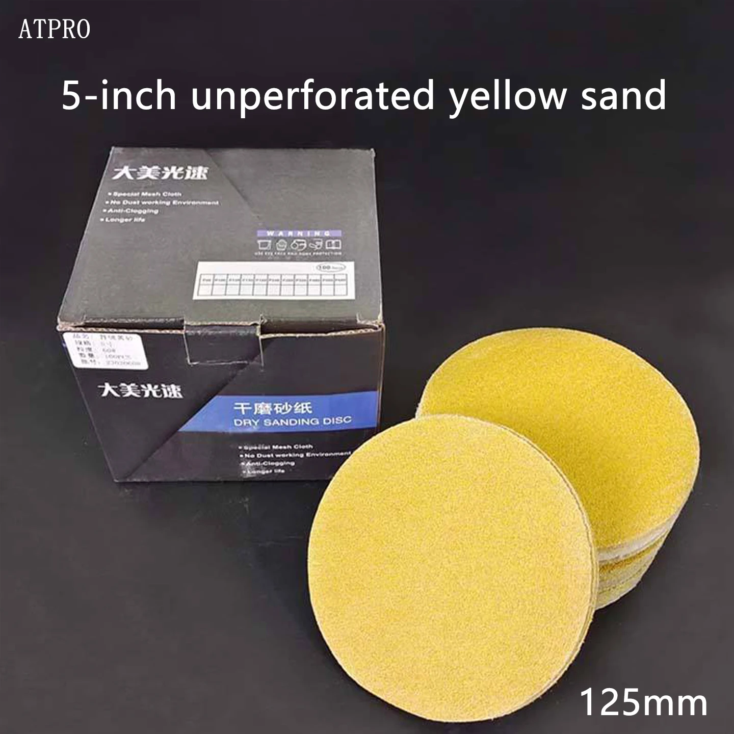 

5-inch non-perforated yellow sandpaper ATPROfor car detailing, polishing, and sanding (80/120/150/180/240/320/400/600/800 grit).
