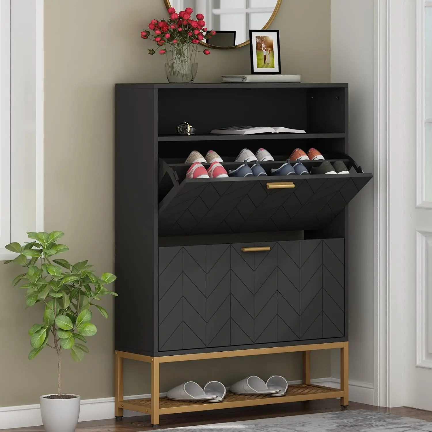 Shoe Cabinet, Freestanding Tipping Bucket Shoe Rack with 2 Flip Drawers, Narrow Entryway Storage with Shelf & Top Cubby