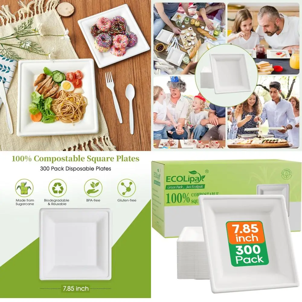 

7.85 Compostable Square Plates, 300 Pack, Heavy Duty Eco-Friendly Sugarcane Paperware for Parties & Everyday Use