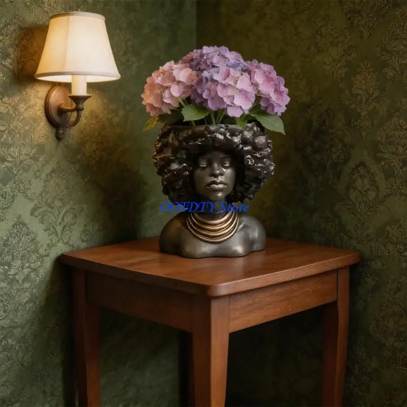 367A Artistic Resin Flower Pot Container Planter With Hand Carved Head Design For Small Succulents Home And Office Decoration