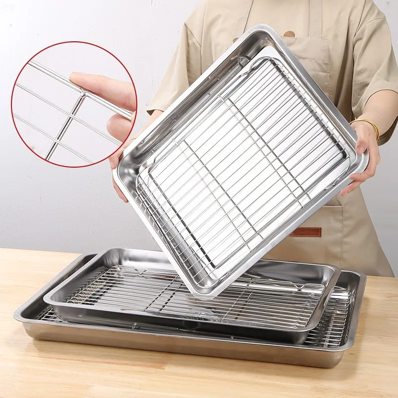 

Commercial Stainless Steel Rectangular Tray with Net Oil Control Rack BBQ Seasoning Dish Display Plate Kitchen Cooking Utensils