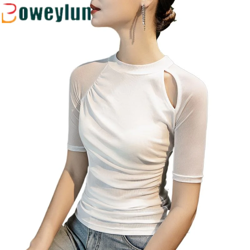 

Boweylun Nnew Hollowed Out Sexy Mesh T-shirt Women's Casual Five-Mminute Sleeve Summer Medium-sleeved Tops