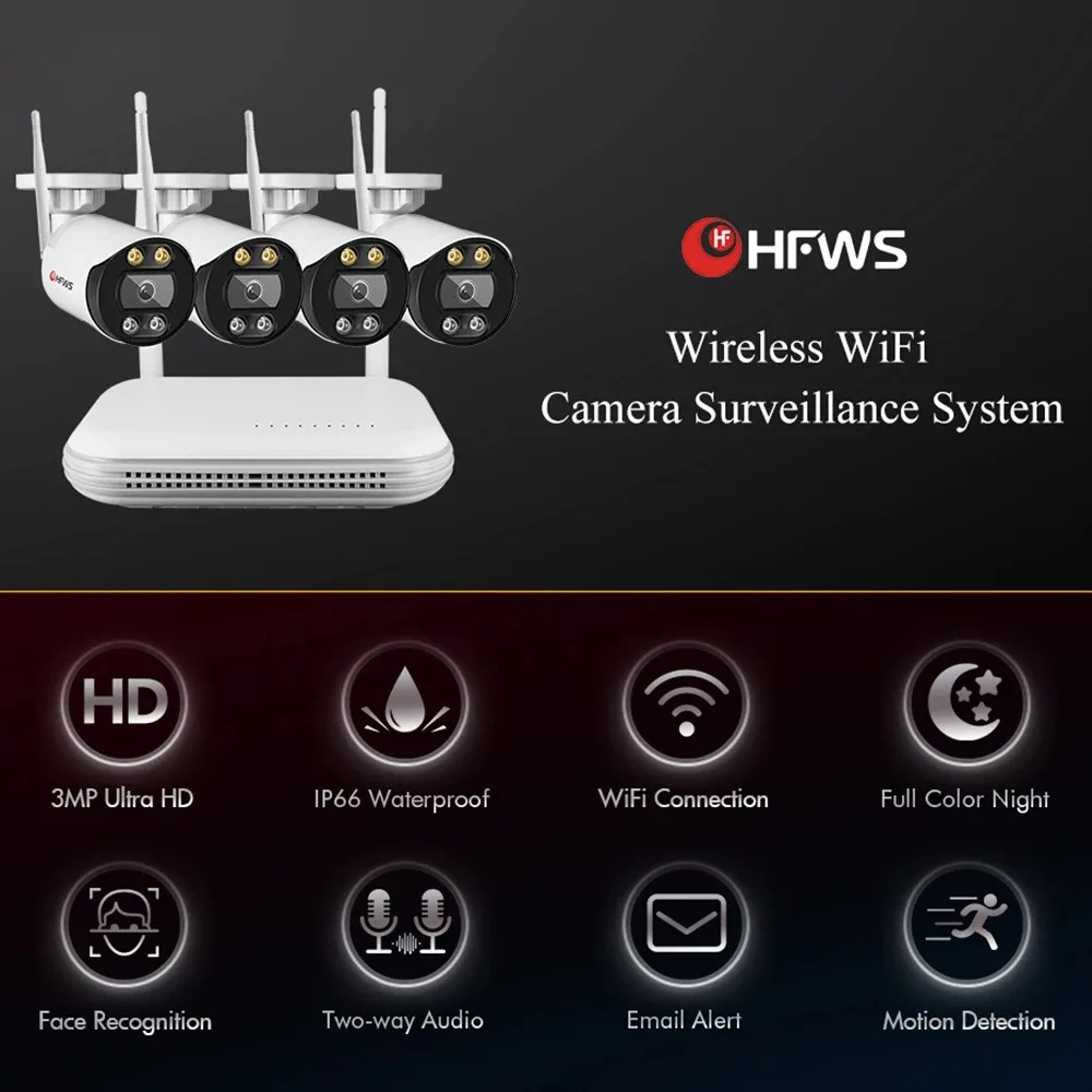 HFWVISION 3MP 5MP WiFi CCTV System 8CH NVR Security Camera System Two Way Audio Outdoor Wireless Cameras Video Surveillance Kit