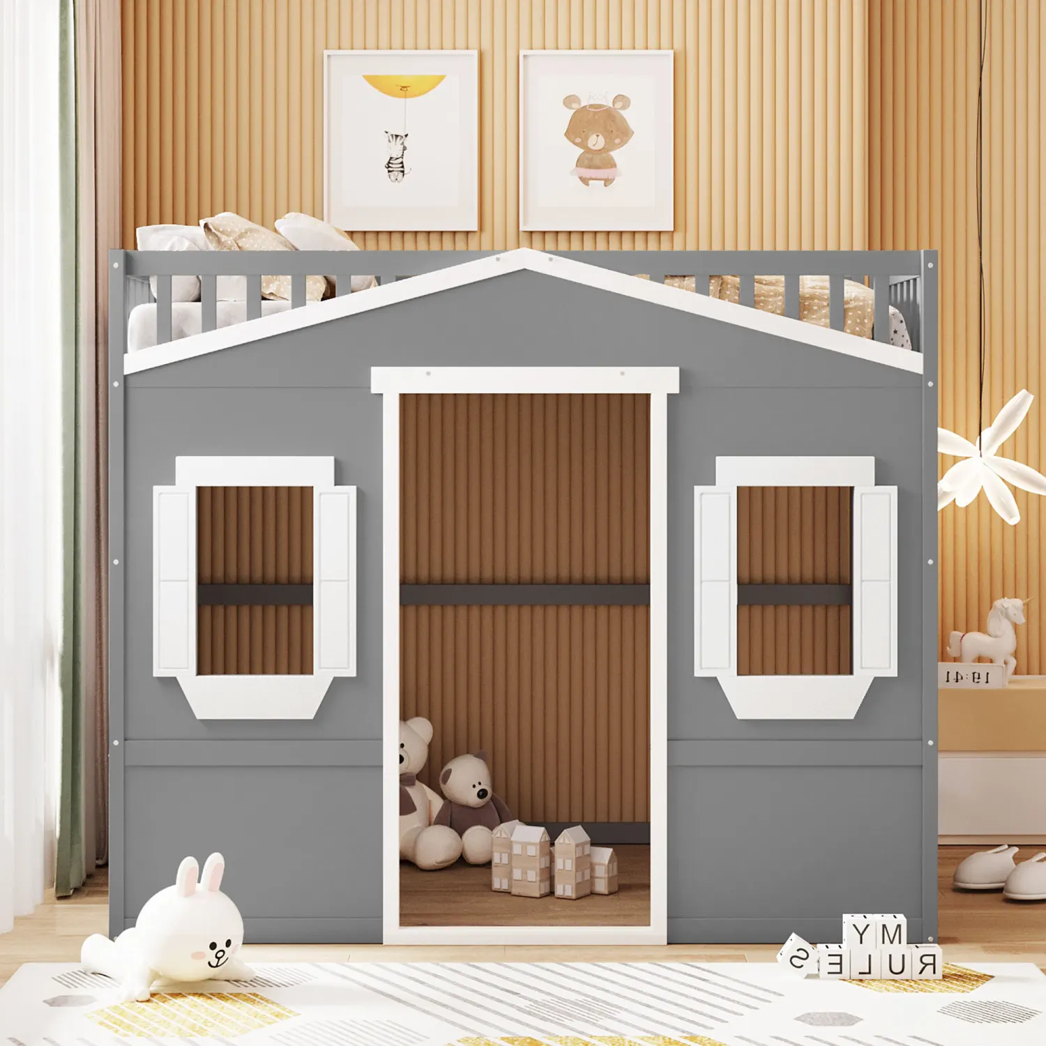 House Loft Bed w/ Ladder, Gray+White Frame - Full Size