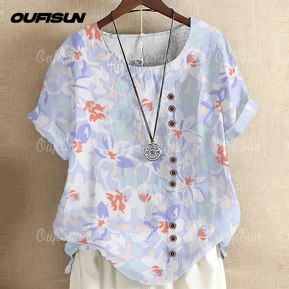 

Summer Cotton Linen Floral Print T-Shirts Women's Casual Breathable Round Neck Loose Short Sleeve Tee Shirt in Pastel Colors
