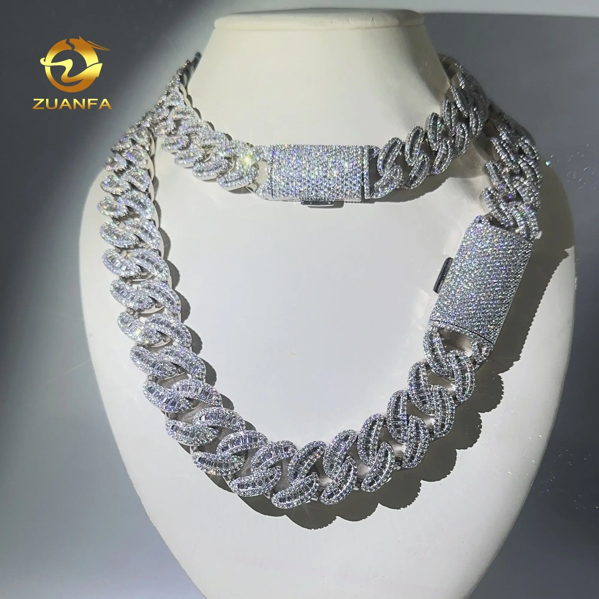 

Новое поступление, кубинская цепочка Zuanfa 18 мм 22 мм в форме Луны, Муассанит, цепочка из стерлингового серебра, ожерелье из Майами