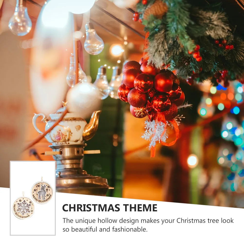 

2Pcs Christmas Tree Pendant LED Light Wooden Hollow Ornament Merry Christmas Elk Snowflake Hanging Decoration for Party