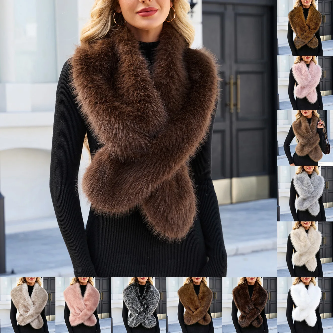 Winter Warm Imitation Fur Shawl Scarf with Fox Fur Collar Artificial Fur Scarf for Cold Weather