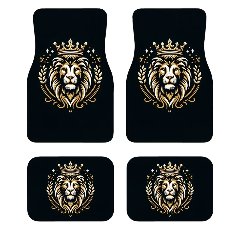 4pcs Gold-Embossed Crown Lion King Car Floor Mats | Universal Fit, Anti-Slip And Dirt-Resistant, Ideal For Cars, Trucks, And SUV
