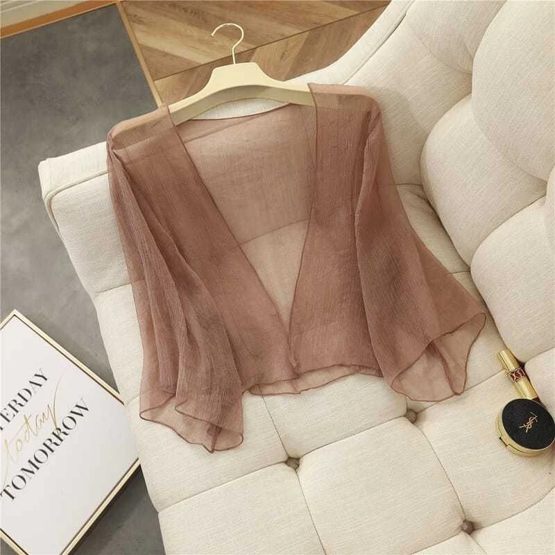 Ultra-Thin Summer Women's Sun Protection Shirt Gentle Fairy Short Car Coat Lightweight Mollusk Silk V-Neck Long Sleeve Cover-Up