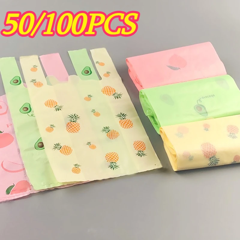 50/100PCS Colored Plastic Bags with Handles Fruit Patterns for Shopping Kitchen Party Gift Packaging Home Storage Garbage Bags