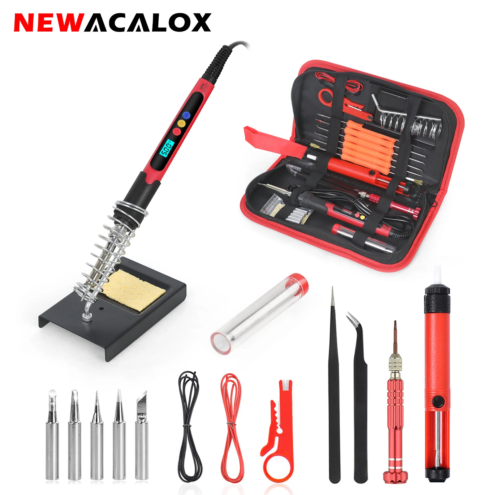 

NEWACALOX 60W Electric Soldering Iron Kit Set Digital Temperature Adjustable Welding Solder Tin With Iron Tips Repairing Tools