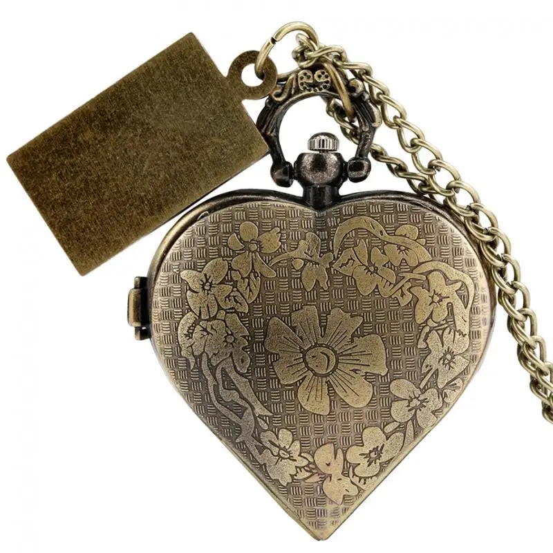 Antique Bronze Themed Love Heart Shape Hollow Case Design Necklace Quartz Pocket Watch Chain Pendant with Drink Me Tag Accessory