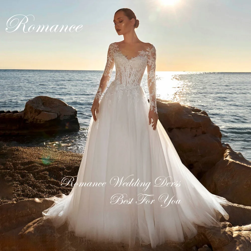 우아한 긴 소매 레이스 아플리케 A라인 웨딩 드레스 여성용 V넥 비딩 일루전 백 튤 베스티도스 데 노비아 맞춤 제작