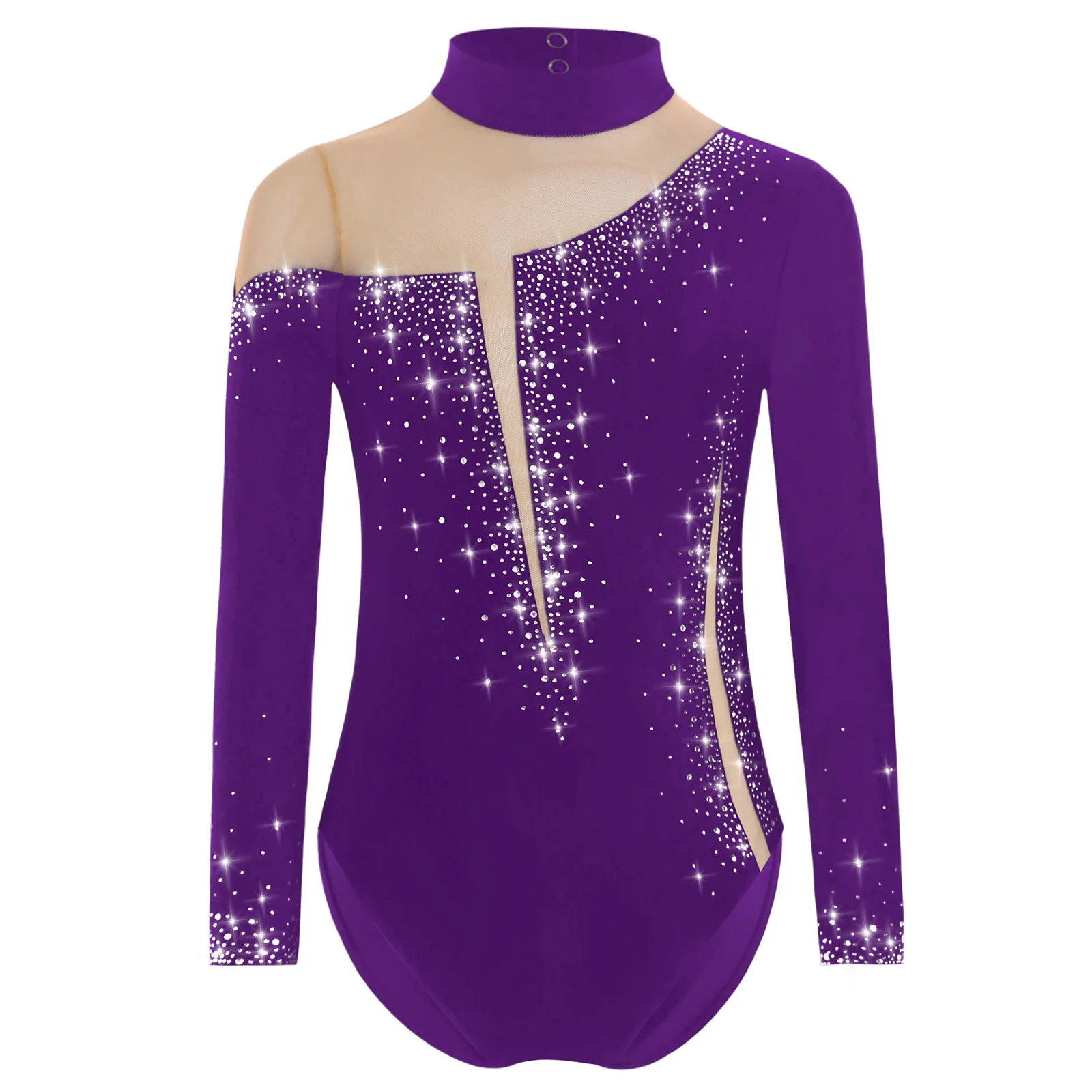 

Girls Rhinestones Gymnastics Leotards Long Sleeve Mesh Patchwork Bodysuit for Figure Skating Dance Competition Performance