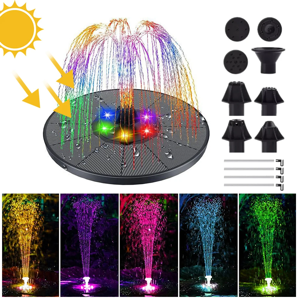 16cm Solar Fountain Water Pump with Color LED Lights 8 Nozzles Outdoor Floating Garden Pond Tank Solar Water Fountain Waterfall