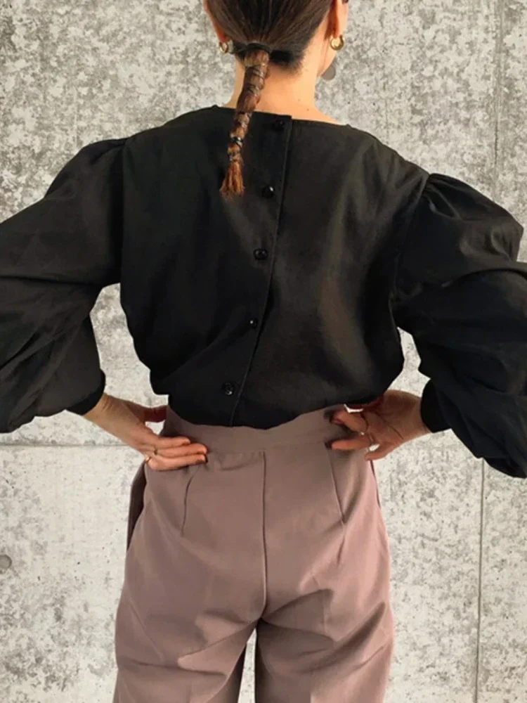 Estilo japonês senhora do escritório elegante blusa vintage feminino o pescoço solto lanterna manga camisas sólida all-amtch blusas outono senhoras topo