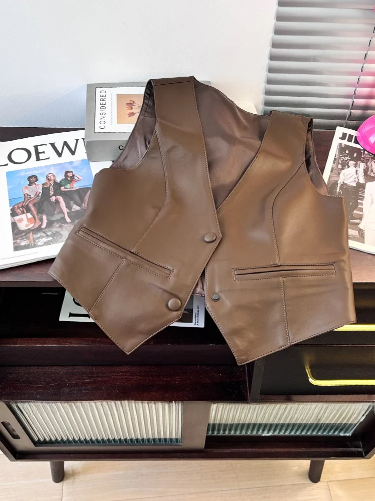 

Женский жилет из искусственной кожи, осень 2024, ретро, деньги Sle ort Svel Jaet Thiened с v-образным вырезом, цвет с застежкой на одной пуговице