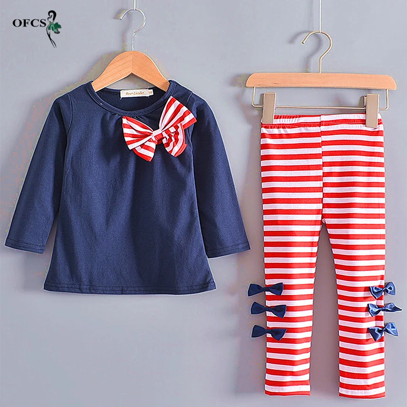 New Arrival Children's Clothing Christmas Gift Big Bow Long Sleeve Shirt Tops And Striped Pants 2pcs Set Spring And Autumn Suit