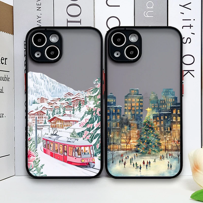 Christmas Street Landscape Phone Case For iPhone 17 16 15 11 12 14 13 Pro Max Mini X XS XR 7 Plus SE Shockproof Hard Matte Cover