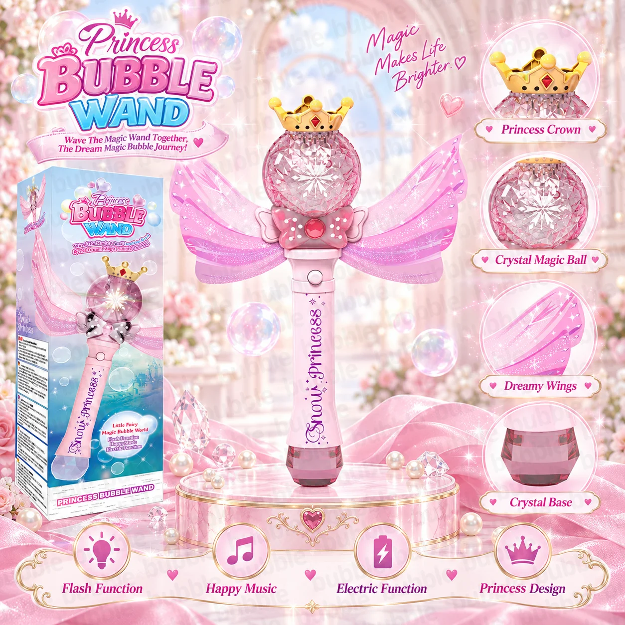 Crystal Crown Bubble Wand with Fairy Wings, Light and Music, Girls Party Toy, Batteries and Bubble Solution Not Included