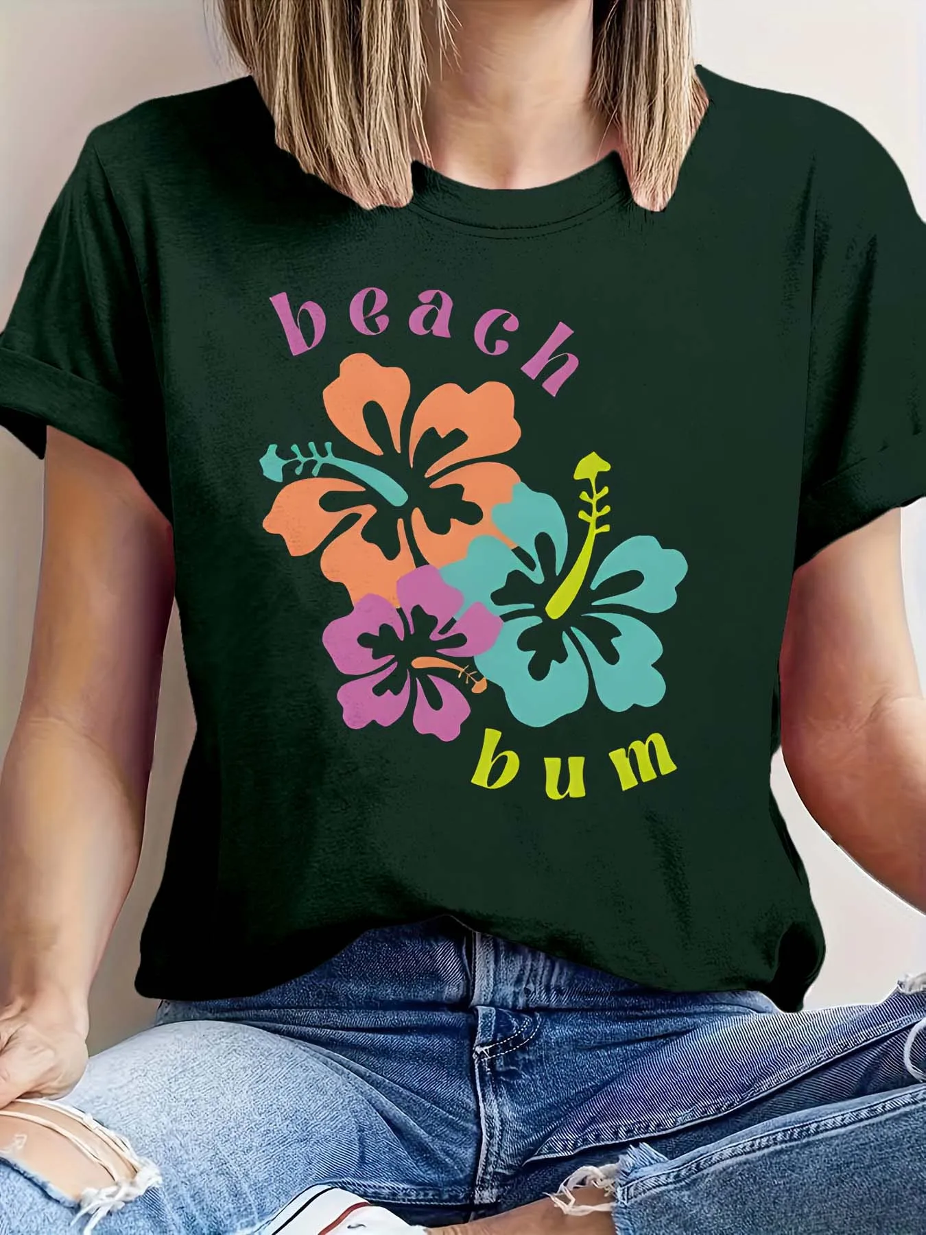 

Plus Size Beach Bum Floral Graphic Tee Tropical Vacation Inspired Fashion Top for a Relaxed Elegance