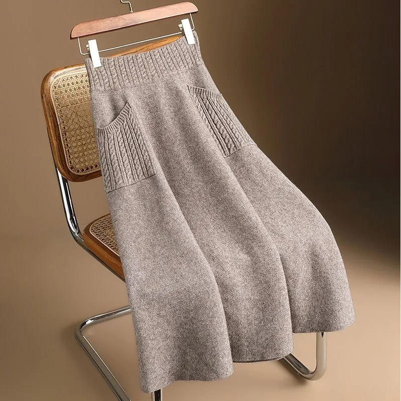 

Women's Woolen Knitted A-Line Skirt High Waist Mid-Length Autumn Winter Faion Commute Pure Color Skirts