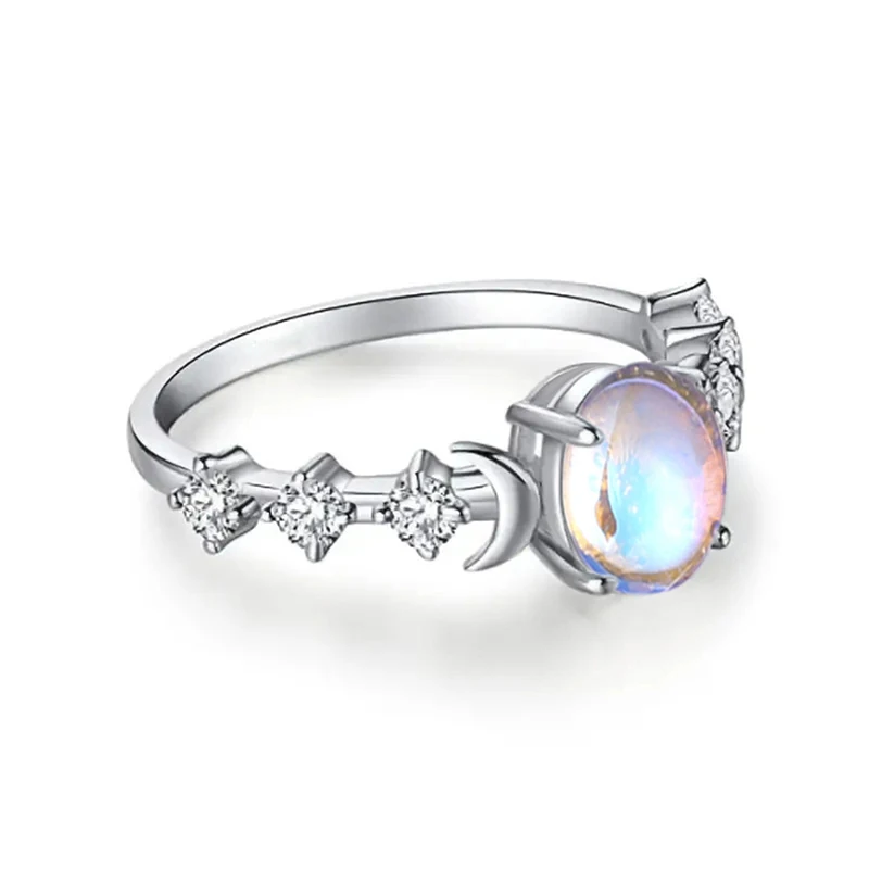 Huitan Chic Trendy Small Moon Ring Women Simulated Moonstone/Simulated Opal Engagement Jewelry Bridal Wedding Bands Jewelry