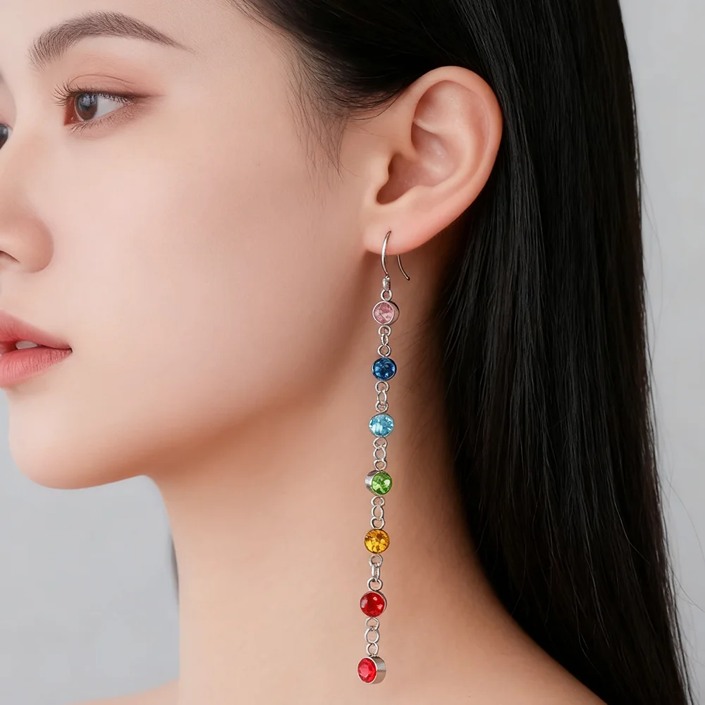 Klare Zirkon 7 Chakra Lange Hängeohrringe für Frauen Edelstahl Yoga Meditation Schmuck Tropfenohrringe 2026 Geschenk Großhandel