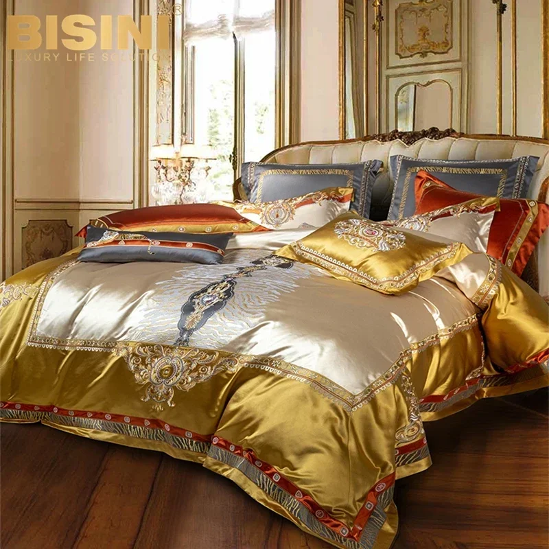 Understated Splendid Tailored Italy Style Palace Bedroom King Coverlet Bed Skirt Bed-linen Set Blue Satin Fabric Bedding Set