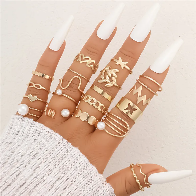 YOBEST Imitation Pearl Geometry Rings Set For Women Gold Color Hollow Metal Heart Wave Butterfly Finger Ring Jewelry Gifts