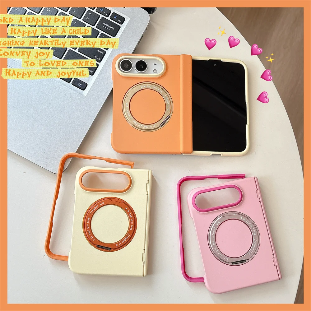 Cute Solid Color Contrast Frame Magnetic Rotating Bracket Phone Case For iPhone Duo Matte Hard Protective Cover For Magsafe