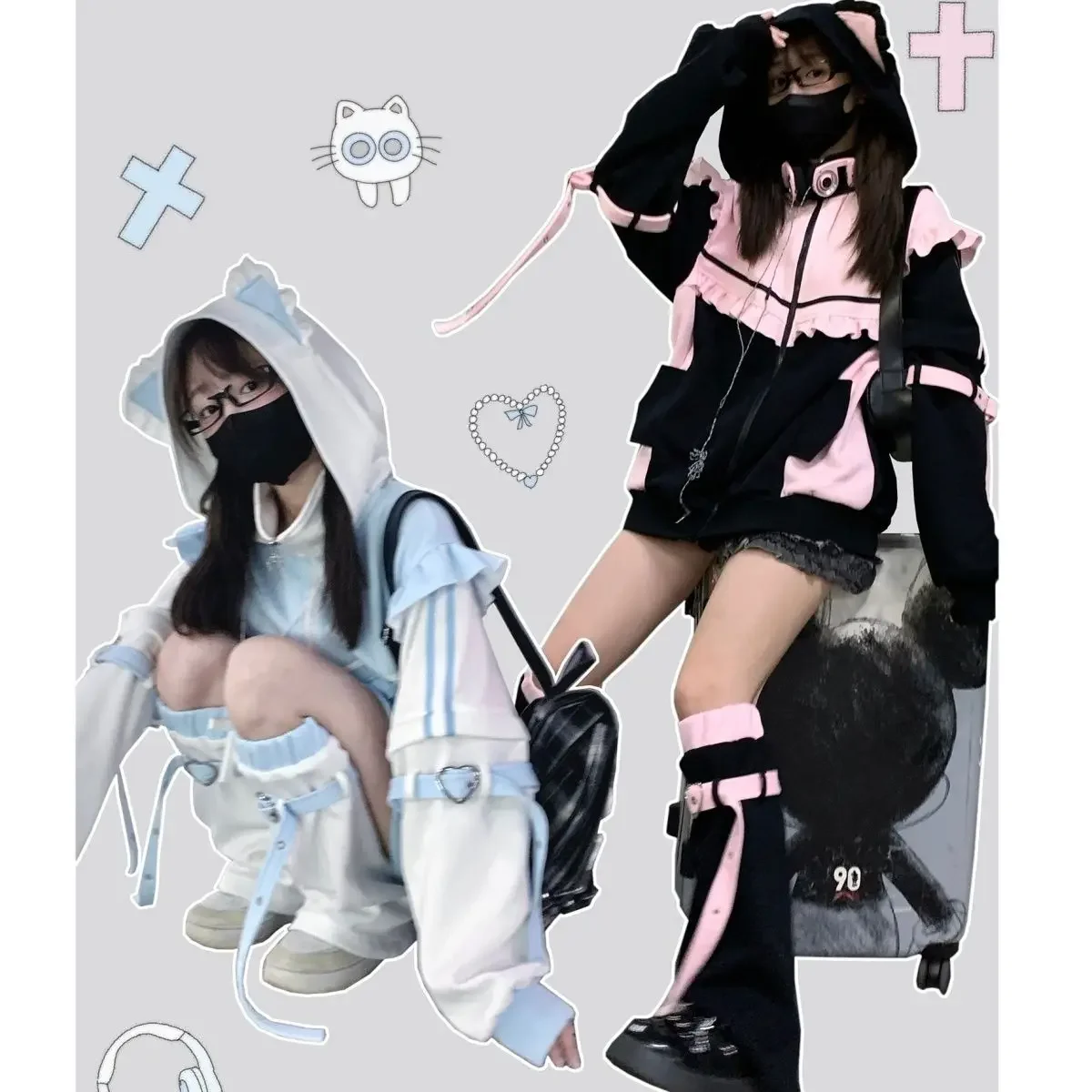 Japanese Y2k Loose Elegant Coats Women Hoodie Zipper Design Long Sleeve Sweatshirt Female Patchwork Chic Korean Popular Clothes