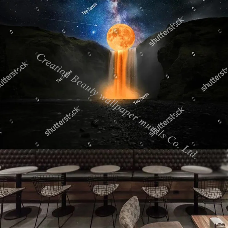 

Custom Orange Moon Starry Sky Over Great Waterfall Photo Wallpaper Murals TV Wall Living Room Bedroom Restaurant Wall Paper 3d