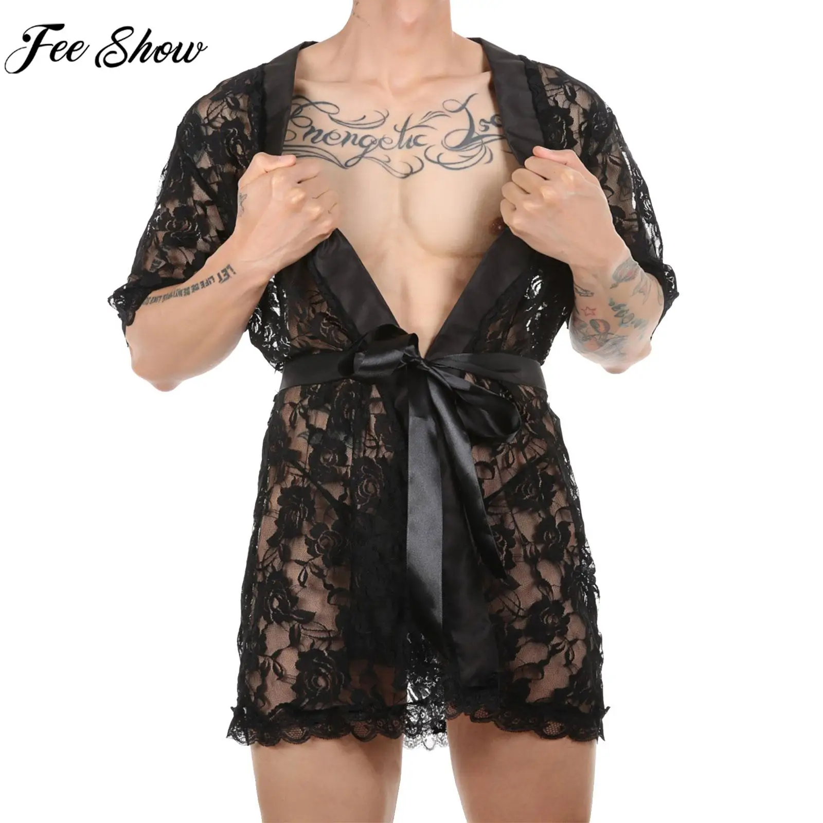 Mannen Sexy Sheer Kant Nacht-Gewaad Korte Mouwen Vest Nachtjapon Badjas Met T-Back En Riem Sissy Lingerie loungewear Nachtkleding