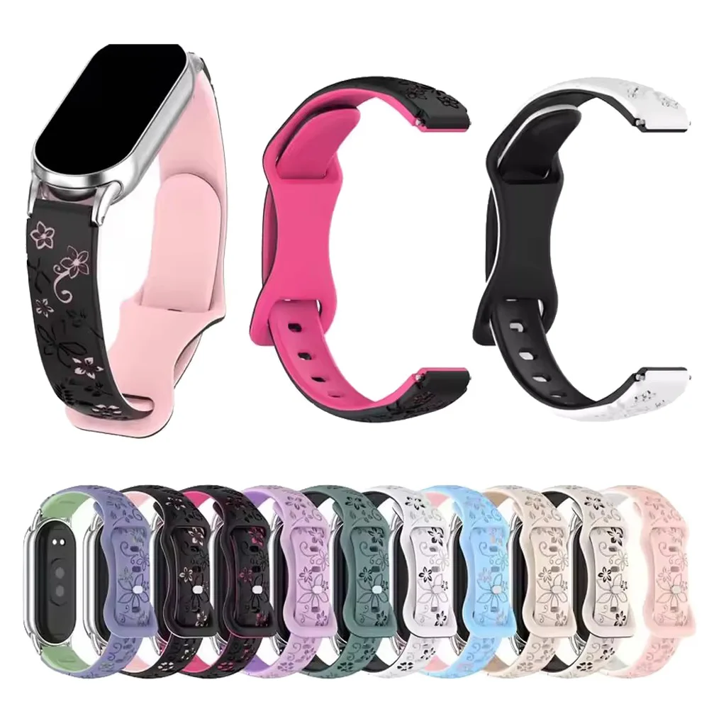 Silicone Strap For Xiaomi Band 9 NFC Smart Watch Breathable Watchband for Xiaomi Band 8 NFC Flower 3D Engraved Bracelet