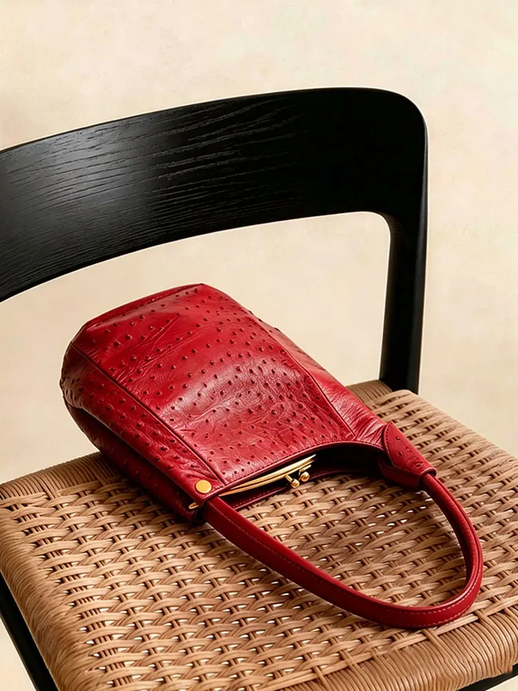 

Red Ostrich Pattern Hair Clip Bag Women's Wedding New Style Luxury Sensation Bride Marriage Bag Summer Bucket Handbag