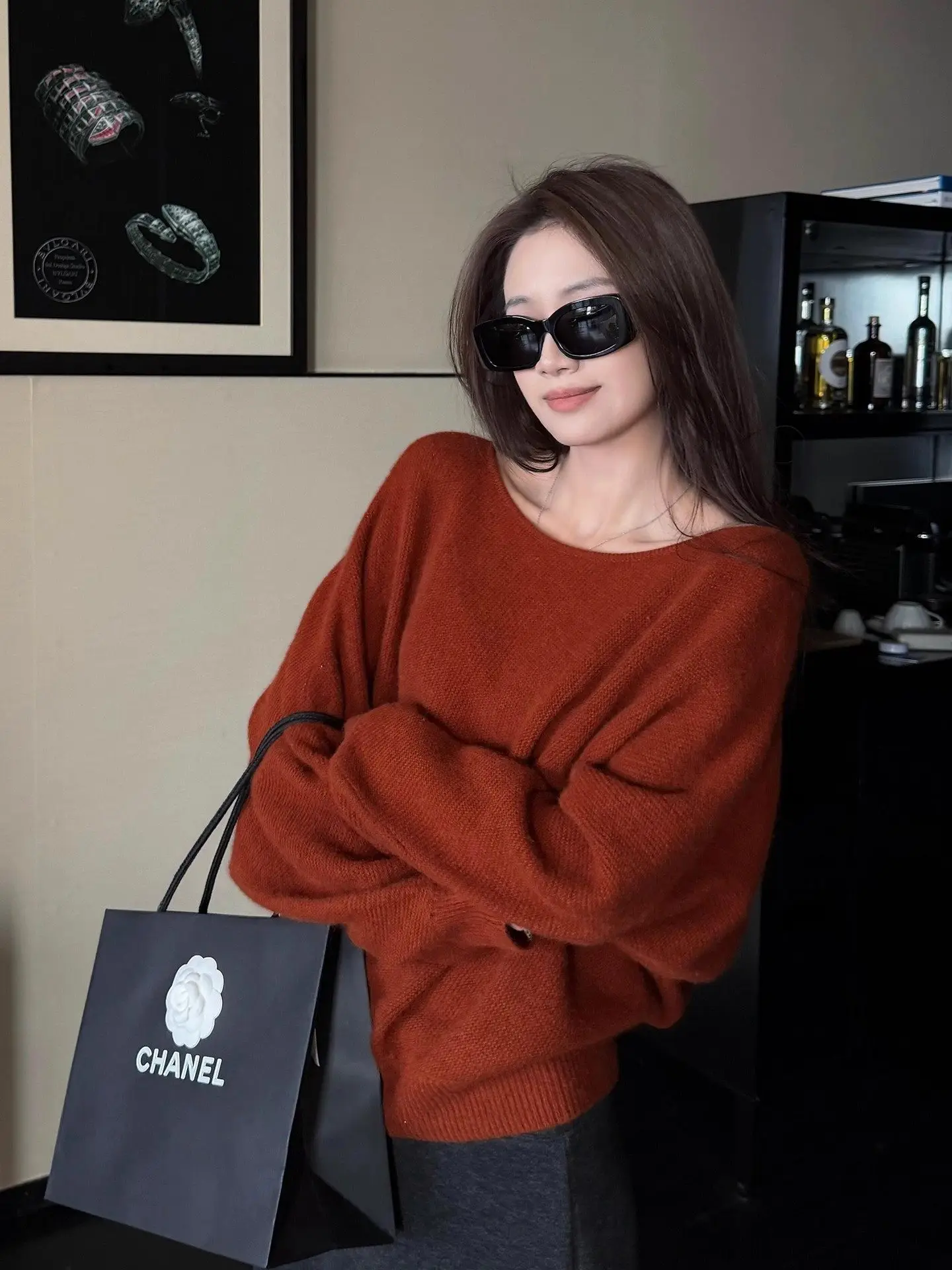 

Loose Women's Knitted Orange Sweater oulder Bared Korean Sle Casual Wear Autumn Winter Outerwear Soft Cozy Knit Top
