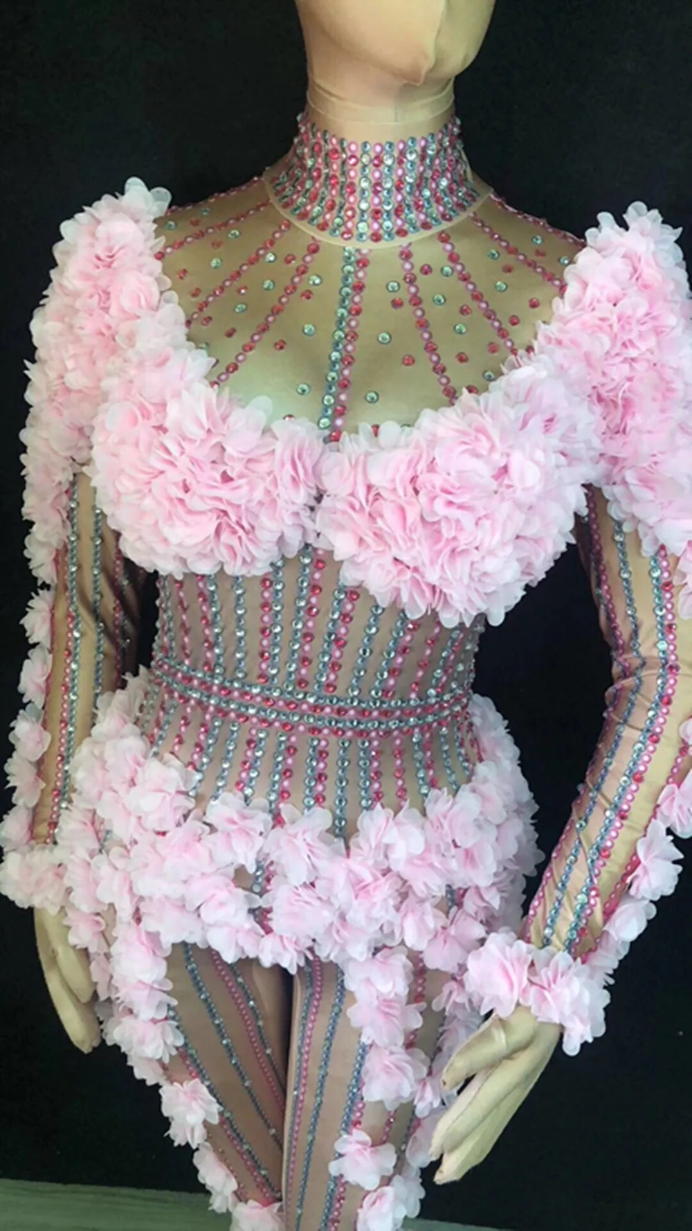 

2024 New Long sleeved Sexy Pink Flower jumpsuit Nightclub Singer Car Model Dance DJ Guest Stage Adult Performance Clothing