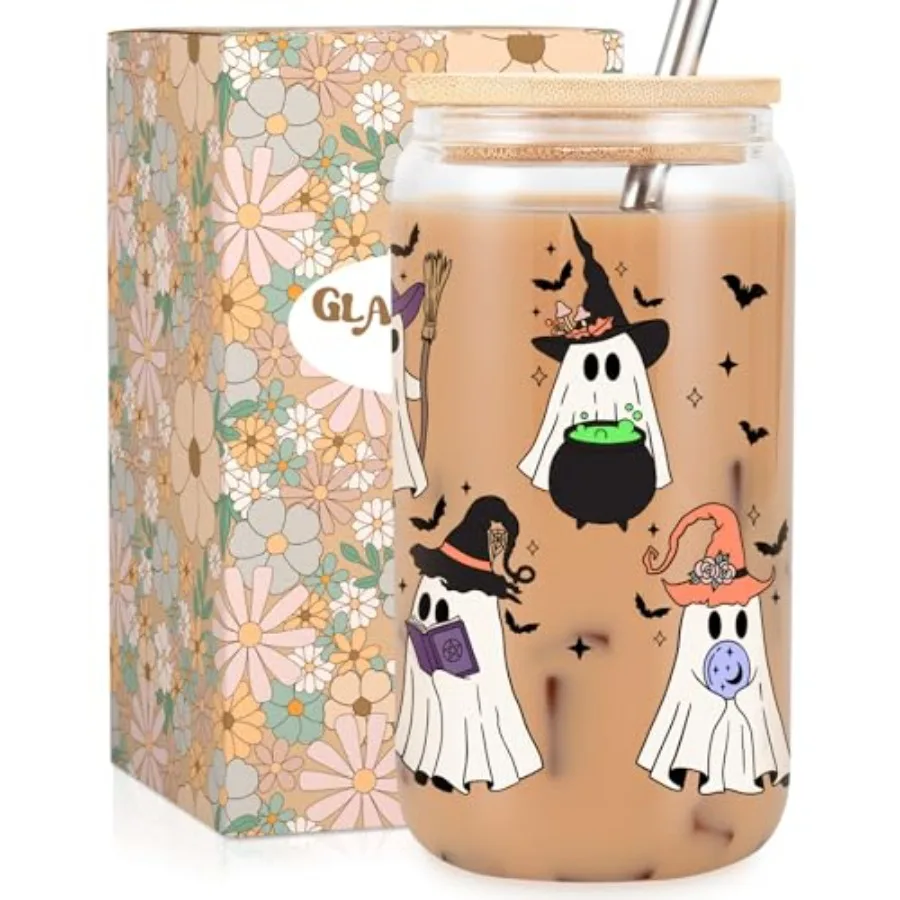 

Witch Ghost Halloween Cup Spooky Iced Coffee Glass Tumbler 16 oz Cute Ghost Cups w/Lids Straws Boo Basket Stuffers Spooky Witch