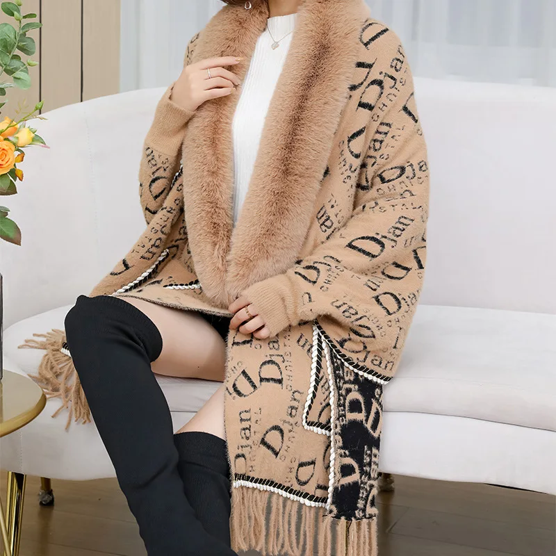 

Autumn Winter New Alphabetic pattern Imitation Wool Collar Knitted Shawl Women Tassels Poncho Lady Capes Khaki Cloaks