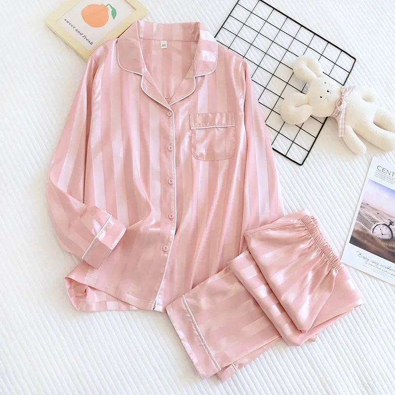 New Couple Pajamas Suit Ice Silk Two-piece Sleepwear Long-Sleeved Trousers Women Home Service Set Thin Striped Suit Men Women