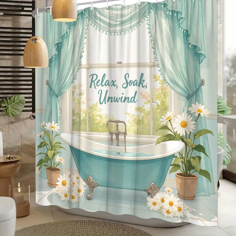 

Vintage Bathtub Shower Curtain - Teal Tub with Daisies & Garden Scene, Relax Soak Unwind Design, Spa Bathroom Decor