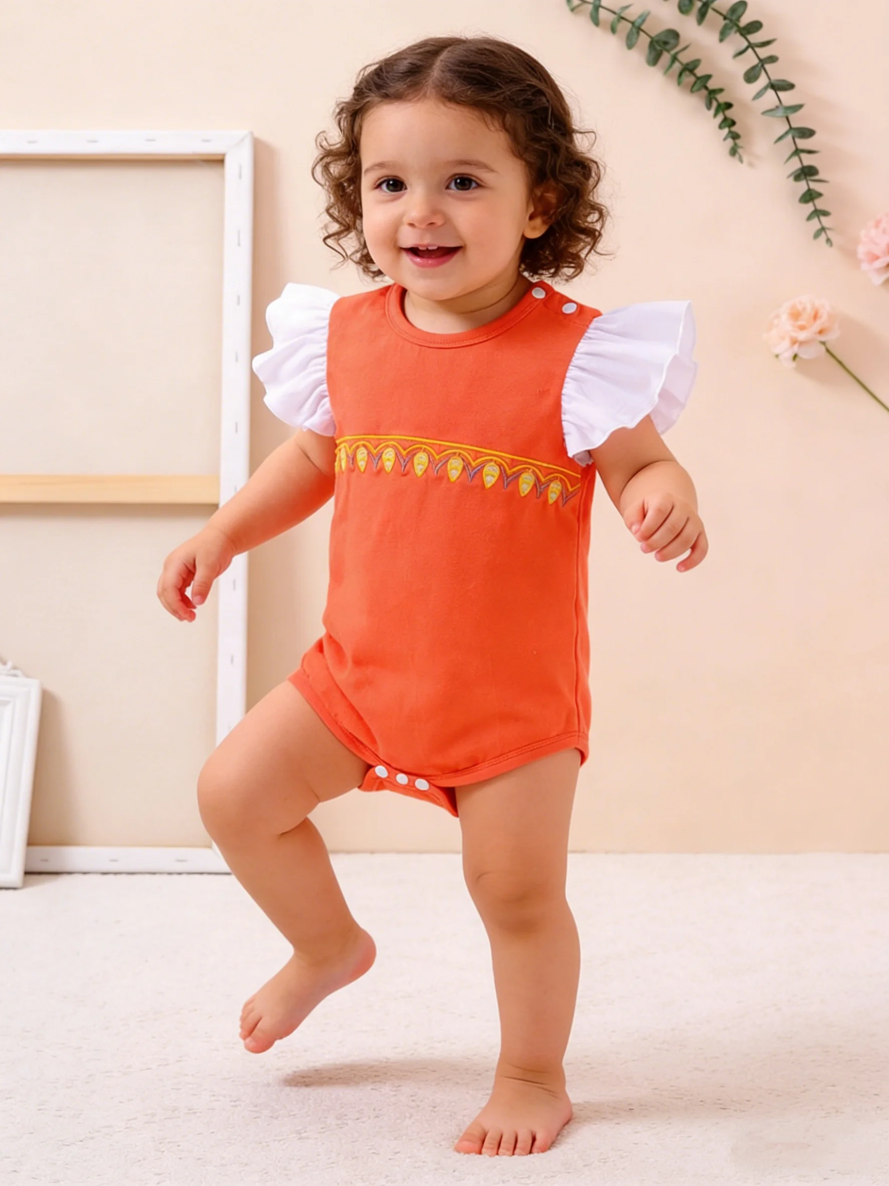 

Детский оранжевый комбинезон с вышивкой и рукавами-крылышками, этнический летний костюм для ползания, удобная мягкая ткань