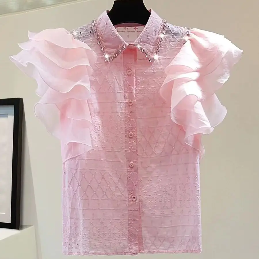 New In 2024 Summer Shirt Short Sleeve Diamonds Stitch Collar Ruffles Pink Shirts Blouses For Women Sweet Tops Blusas