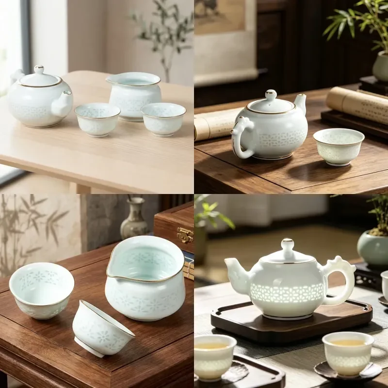8 Piece Red Leaf Ceramic Tea Set Traditional Chinese Porcelain Gold Pattern Handmade Eco Friendly Durable Food Grade Teaware