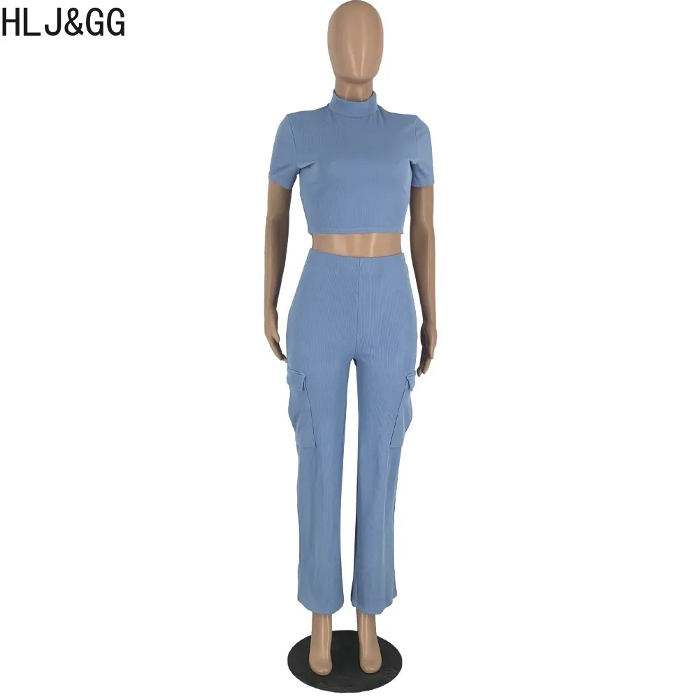 HLJ&GG Casual Solid Pocket Cargo Pants Two Piece Sets Women Round Neck Short Sleeve Crop Top And Pants Tracksuits Female Outfits