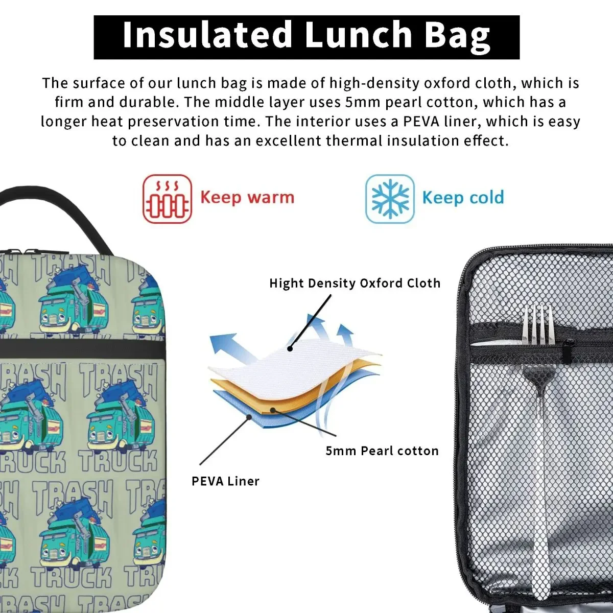 Trash Truck Cartoon Netflix Insulated Lunch Bag for Women Children Leakproof Food Boxes Thermal Lunch Box Tote