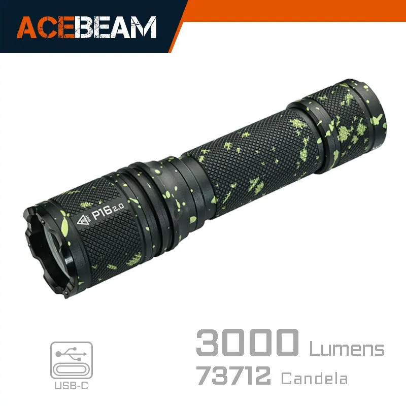 ACEBEAM Tactical Flashlight P16 2.0  Rechargeable Powerful LED Torch Self Defense Strobe Mode Wide Voltage(1.2-4.2V) Flashlights