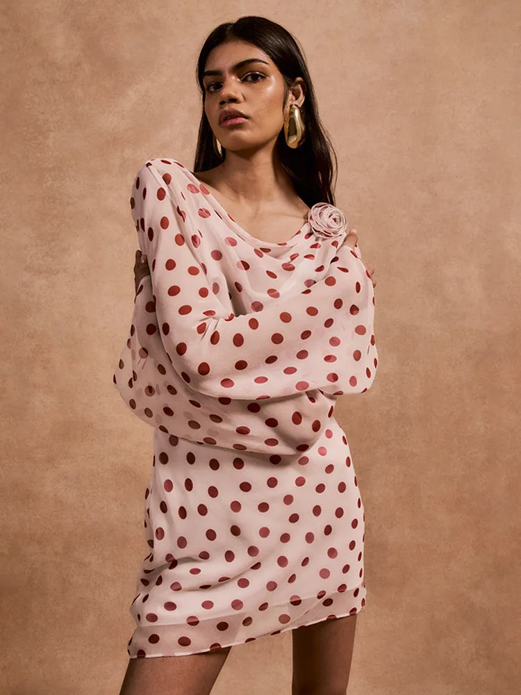 Absobe Dames Pure Chiffon Polka Dot Mini-jurk Swing Hals Lange Mouw Sexy Backless Stropdas Slanke Korte Jurk Y2K Partywear Outfit